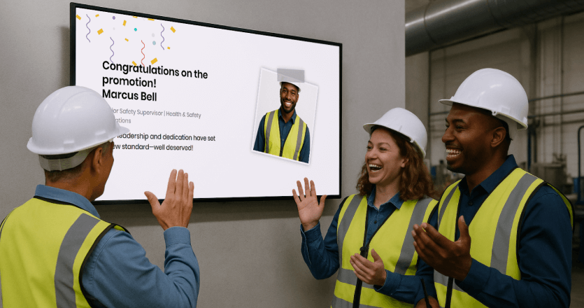 Staff in the manufacturing section are around a screen and discussing the message showing