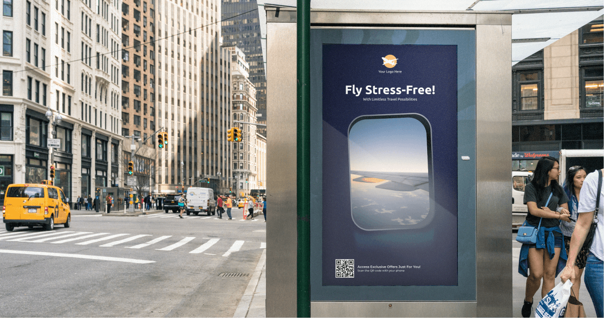 Bus stop ad showing an airplane window and the text "Fly Stress-Free! With Limitless Travel Possibilities."