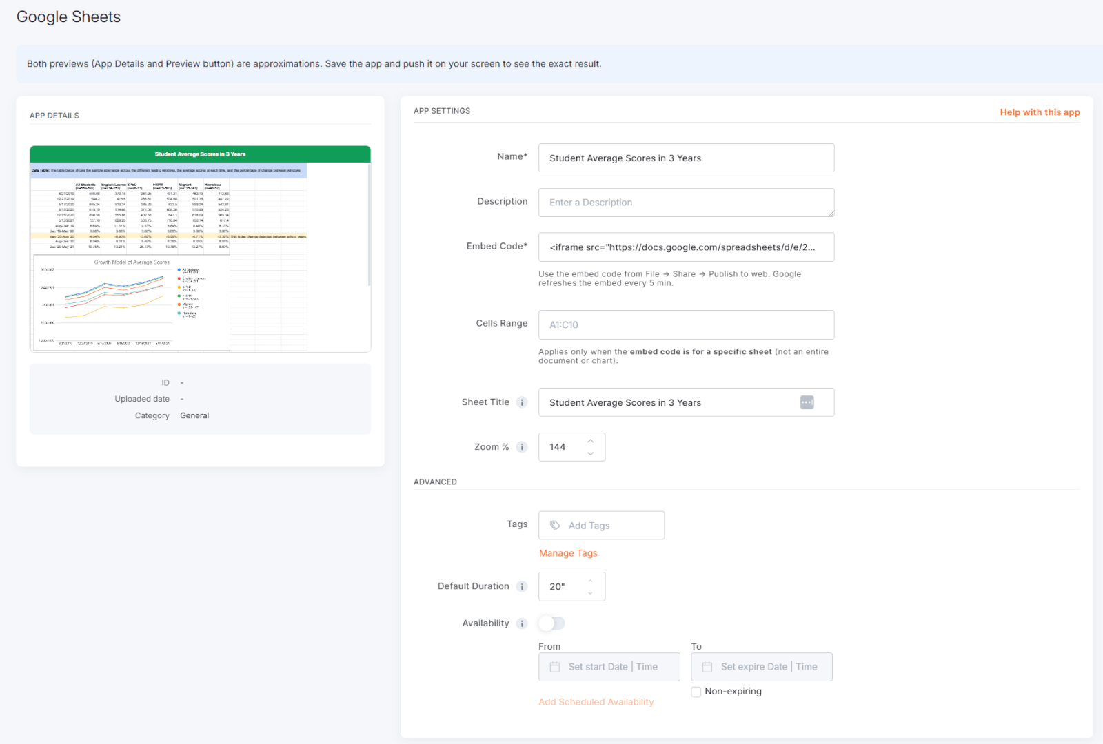 Yodeck Google Sheet app setup with an embedded Google Sheet, displaying settings for handling the display preview, and the scheduling availability options.
