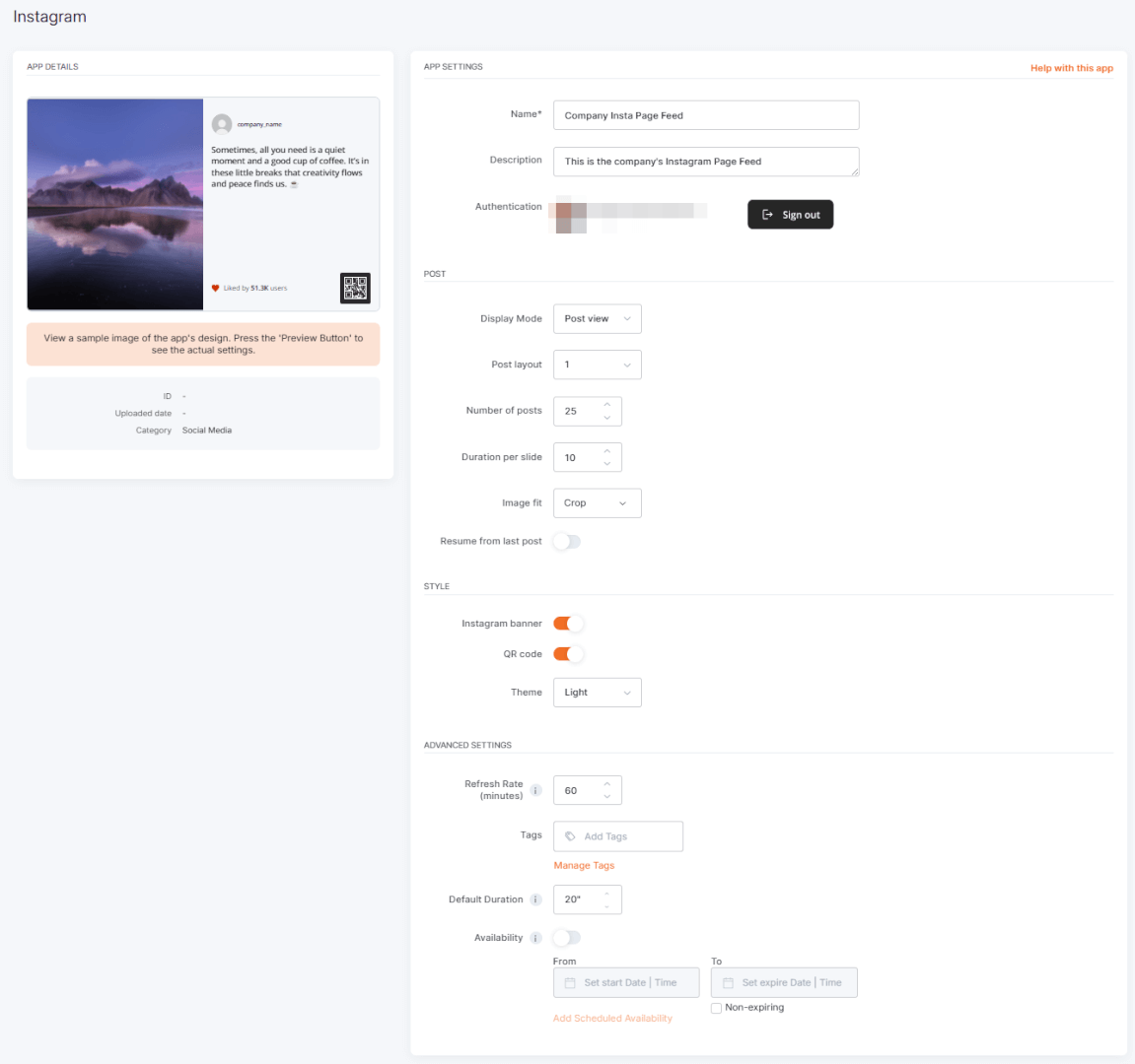 Yodeck Instagram app setup with a connected Instagram account, displaying custom feed settings for post layout, theme, QR code toggle, refresh rate, and scheduled availability options.