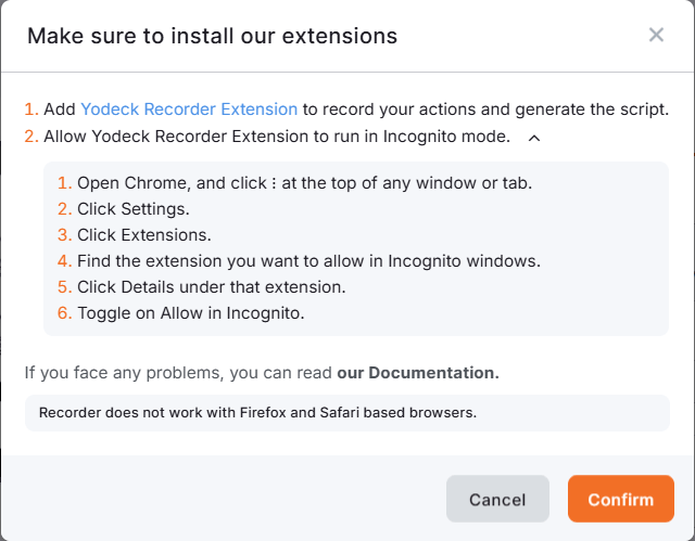 Yodeck Chrome extensions installation prompt for the Webpage Recording Tool, guiding users to add Yodeck Extension and Yodeck Recorder Extension with an option to enable incognito mode.