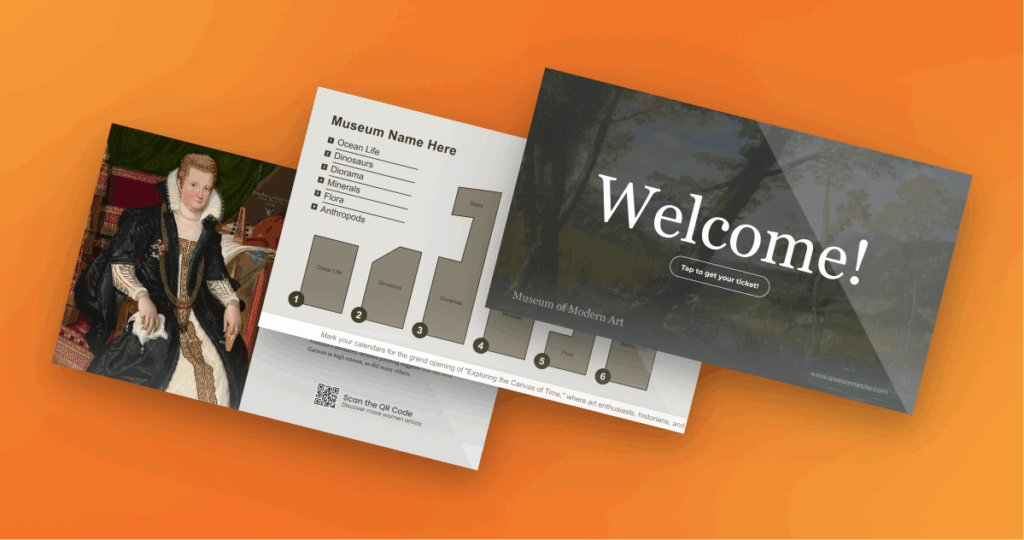 Museum signage templates with welcome screen, exhibit list, and artwork