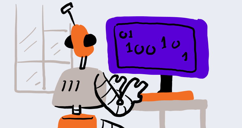 Cartoon robot typing on a computer.