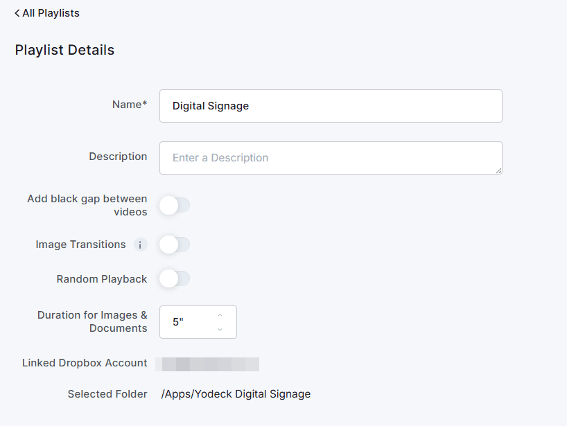 Dropbox Playlist details in the Yodeck platform