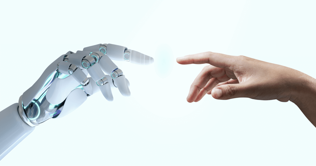 a human hand and a robot hand about to touch