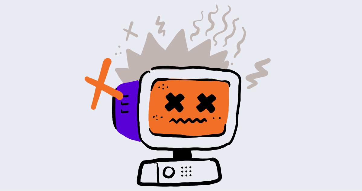 Cartoon of broken computer with X eyes and smoke