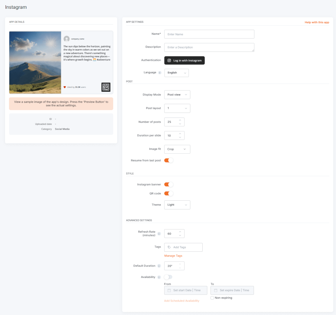 Yodeck Instagram app configuration interface showing social media display settings, including Instagram login, post layout, number of posts, image fit, banner toggle, and scheduling options.