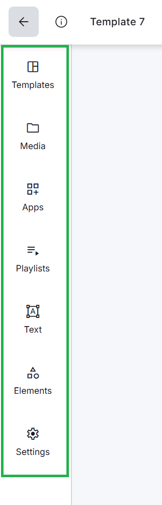 Left sidebar navigation menu in the Yodeck Layout Editor displaying tools for template selection, media, apps, playlists, text, elements, and settings to build digital signage layouts.