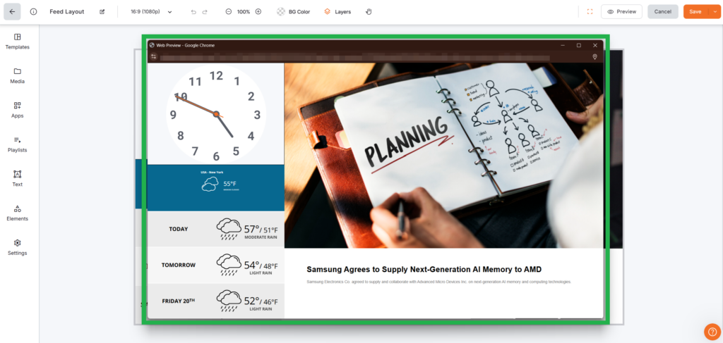 Yodeck Layout Editor preview showing digital signage screen with live clock, weather widget, and article content displayed for real-time dynamic screen updates.