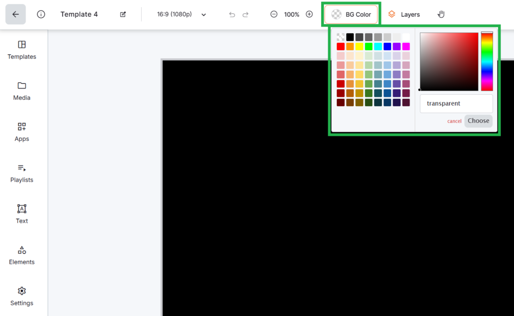Background color customization panel in the Yodeck Layout Editor showing color picker for changing the digital signage layout background.