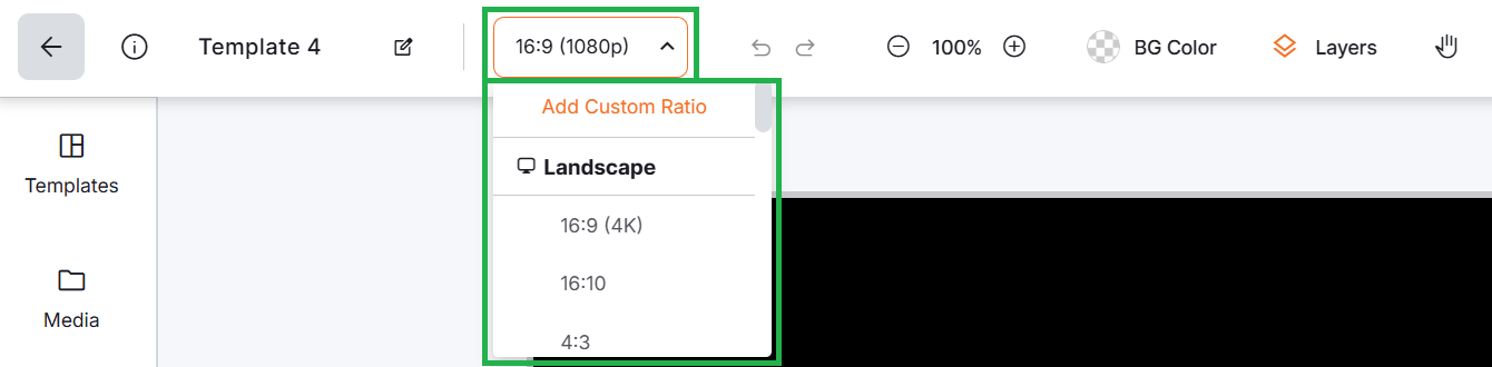 Resolution settings on the top bar menu in the Yodeck Layout Editor showing landscape display ratios including landscape, portrait, and custom screen size options.