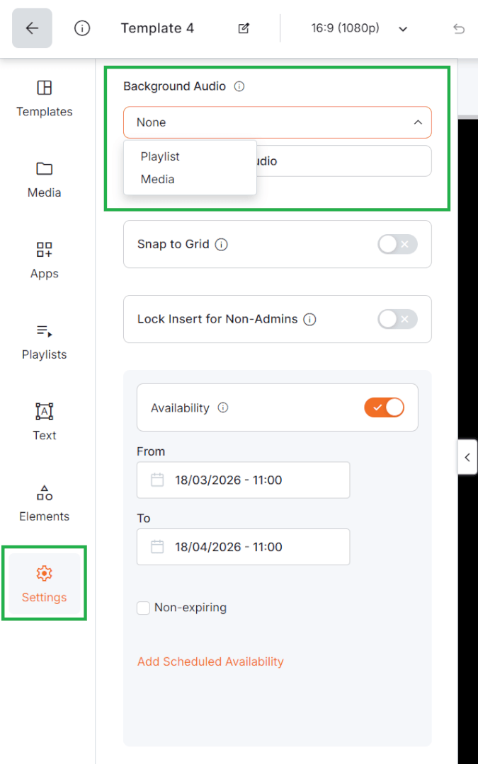Background audio settings in the Yodeck Layout Editor with playlist and media options for adding background music to digital signage templates.