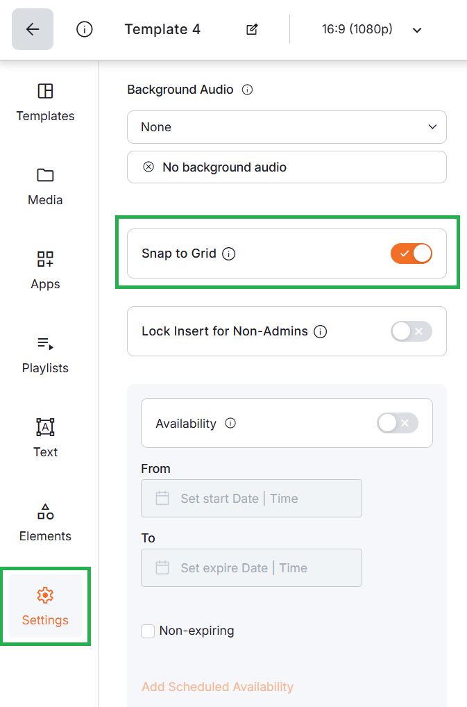 Snap to Grid feature enabled in the Yodeck Layout Editor settings for precise alignment of digital signage elements on the canvas.