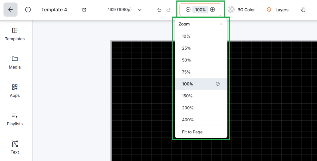 Zoom In & Out options in the Yodeck Layout Editor top toolbar allowing quick canvas zoom adjustments during digital signage layout customization.