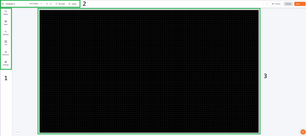 Yodeck digital signage Layout Editor workspace showing grid canvas, sidebar with media and text tools, and top panel for template customization and display settings.