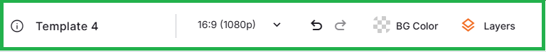 Top navigation bar in Yodeck Layout Editor with template title, resolution settings, background color control, and layers panel for advanced signage layout management.