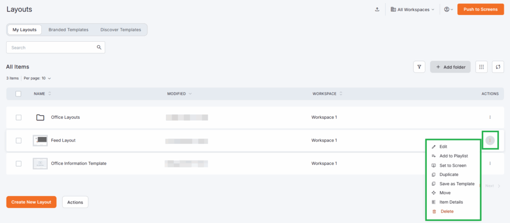 My Layouts page in Yodeck, listing all custom layouts and with layout management options including edit, duplicate, move, save as template, and delete for digital signage projects.
