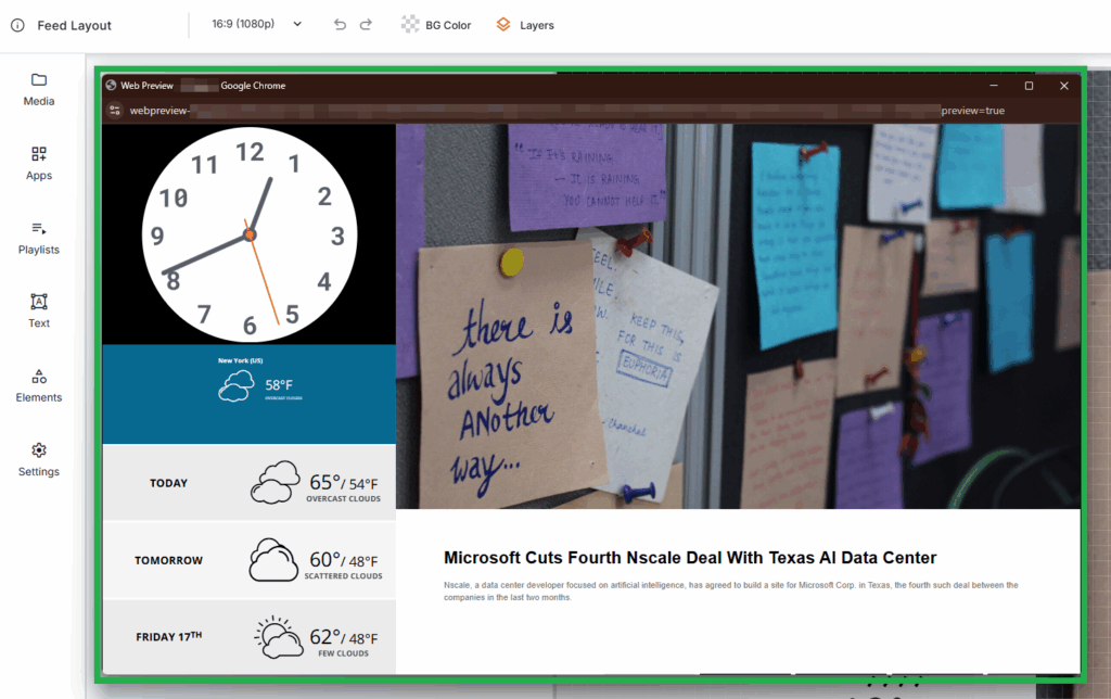 Yodeck Layout Editor preview showing digital signage screen with live clock, weather widget, and article content displayed for real-time dynamic screen updates.