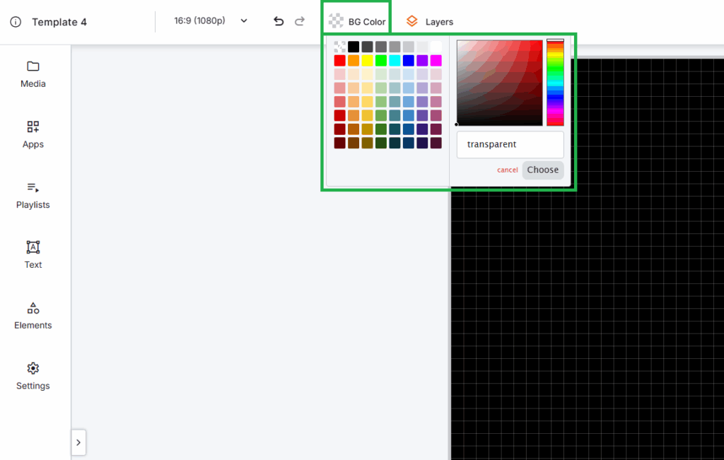 Background color customization panel in the Yodeck Layout Editor showing color picker for changing the digital signage layout background.