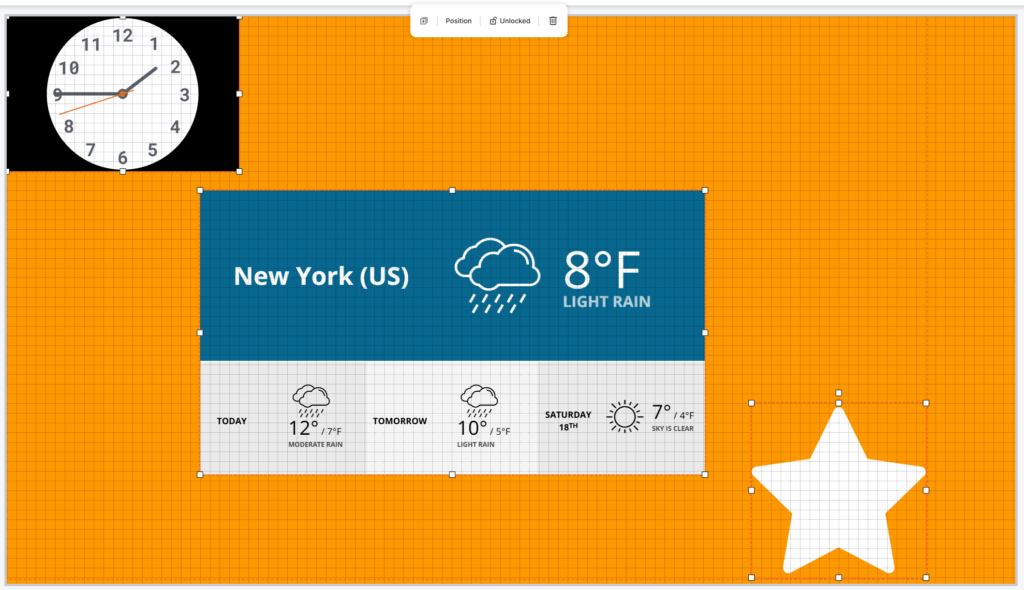 Digital signage layout in the Yodeck with orange background, weather widget, clock element, and star-shaped graphic element added to the canvas.