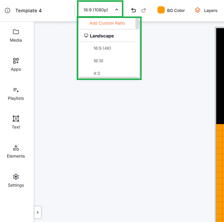 Resolution settings on the top bar menu in the Yodeck Layout Editor showing landscape display ratios including landscape, portrait, and custom screen size options.