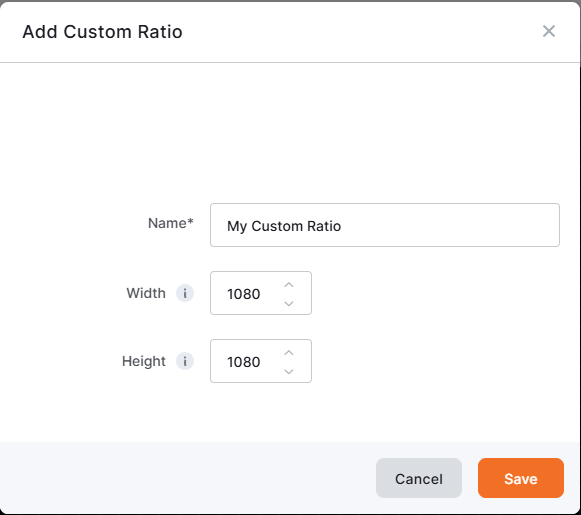 Custom ratio creation window in Yodeck Layout Editor allowing users to define width, height, and name for personalized digital signage dimensions.