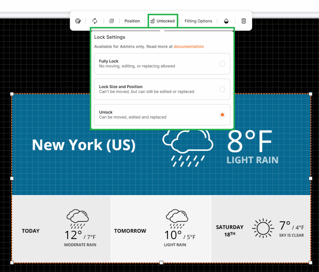 Element lock settings panel in Yodeck Layout Editor with options to fully lock, restrict movement, or unlock layout elements for editing.