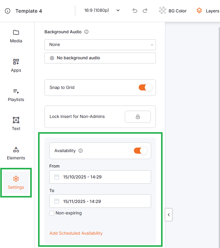 Settings panel in the Yodeck Layout Editor showing content availability scheduling options with start and end date selectors for digital signage playback control.