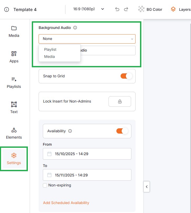 Background audio settings in the Yodeck Layout Editor with playlist and media options for adding background music to digital signage templates.