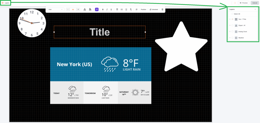 Layers panel open in the Yodeck Layout Editor showing text, image, clock, and weather widgets stacked for multi-element signage design management.