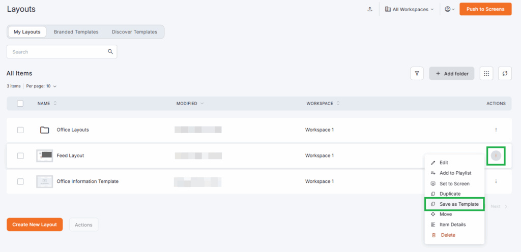 My Layouts dashboard in Yodeck with context menu open, highlighting the option to save an existing layout as a reusable template.