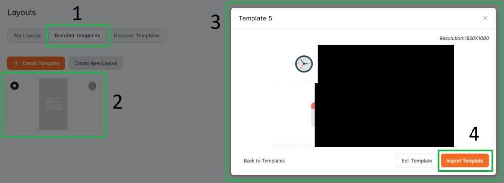 Branded Templates section in Yodeck showing template preview, resolution details, and Import Template button for adding pre-designed layouts to your signage workspace.