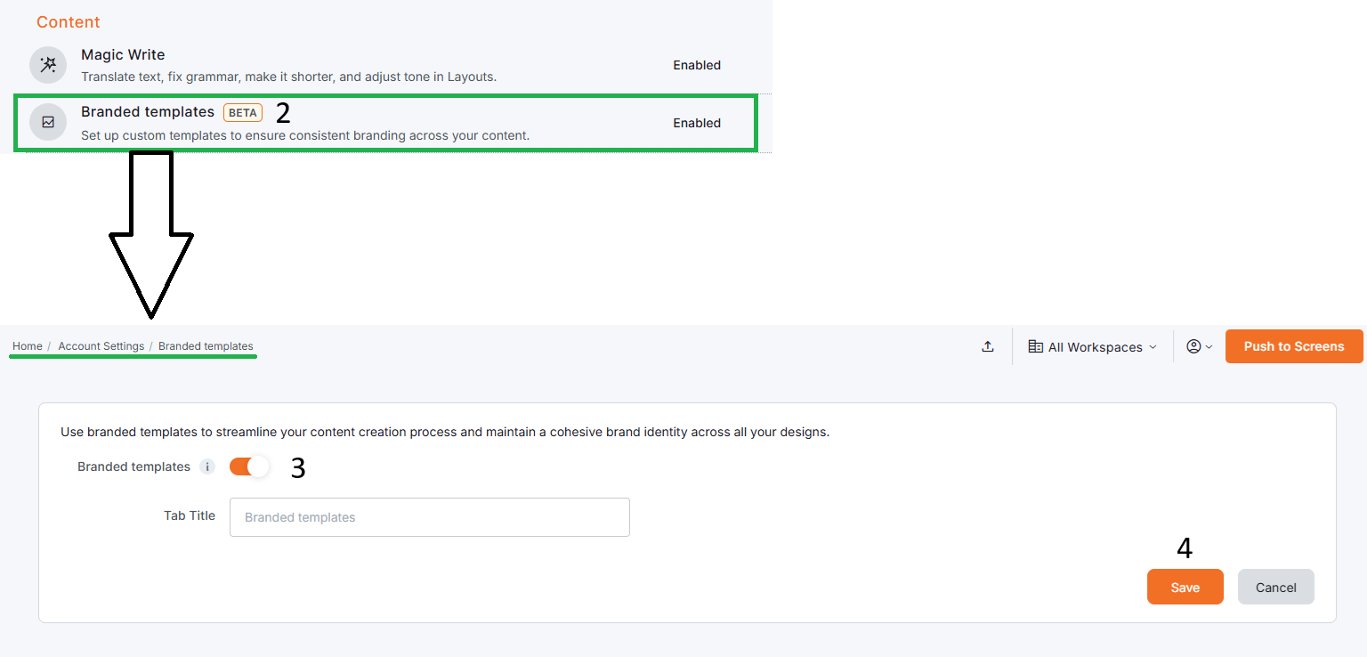 Navigation from Account's Content settings to Branded Templates configuration option in Yodeck, with on/off toggle switch and save button to enable custom template branding or not.