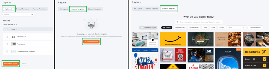 Layouts dashboard in Yodeck featuring My Layouts, Branded Templates, and Discover Templates tabs with quick access to layout creation and design tools.