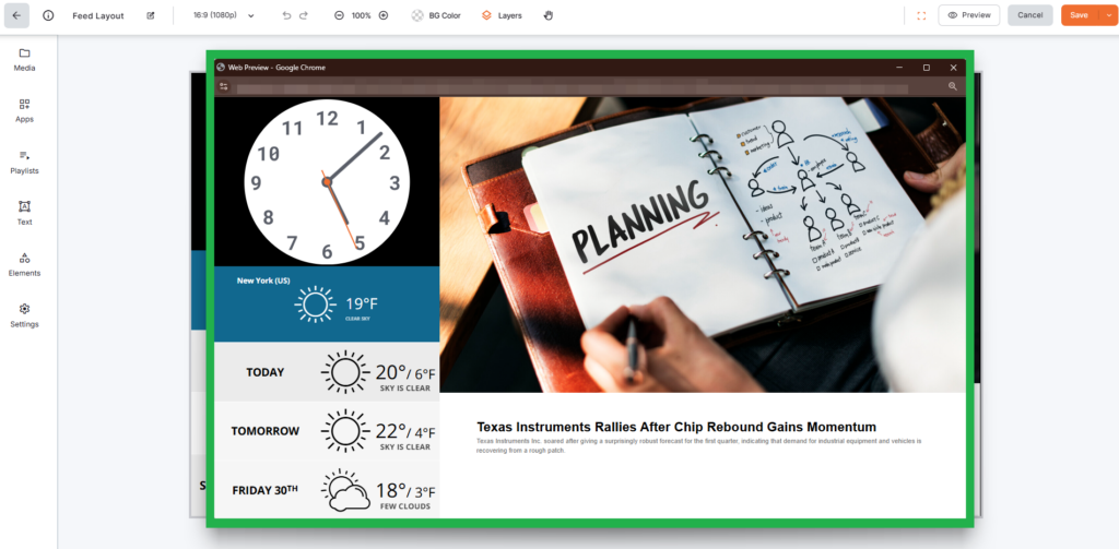 Yodeck Layout Editor preview showing digital signage screen with live clock, weather widget, and article content displayed for real-time dynamic screen updates.