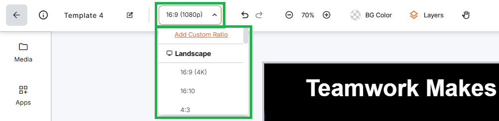 Resolution settings on the top bar menu in the Yodeck Layout Editor showing landscape display ratios including landscape, portrait, and custom screen size options.