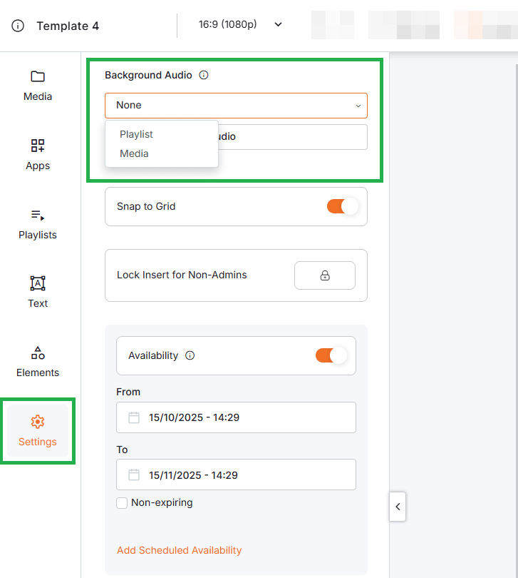 Background audio settings in the Yodeck Layout Editor with playlist and media options for adding background music to digital signage templates.
