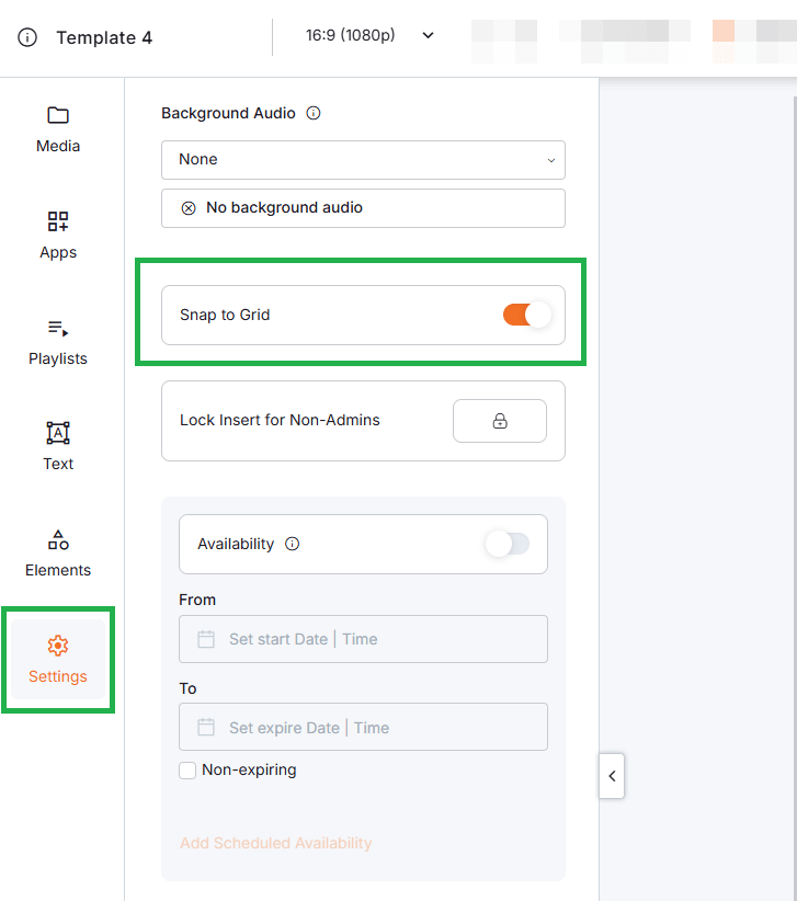 Snap to Grid feature enabled in the Yodeck Layout Editor settings for precise alignment of digital signage elements on the canvas.