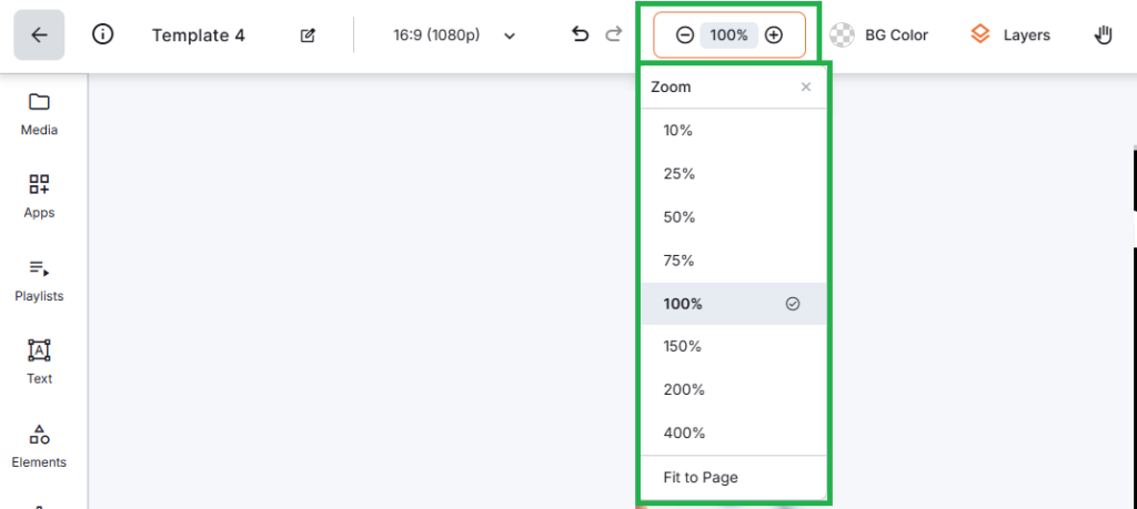 Zoom In & Out options in the Yodeck Layout Editor top toolbar allowing quick canvas zoom adjustments during digital signage layout customization.