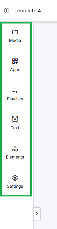 Left sidebar navigation menu in the Yodeck Layout Editor displaying tools for media, apps, playlists, text, elements, and settings to build digital signage layouts.