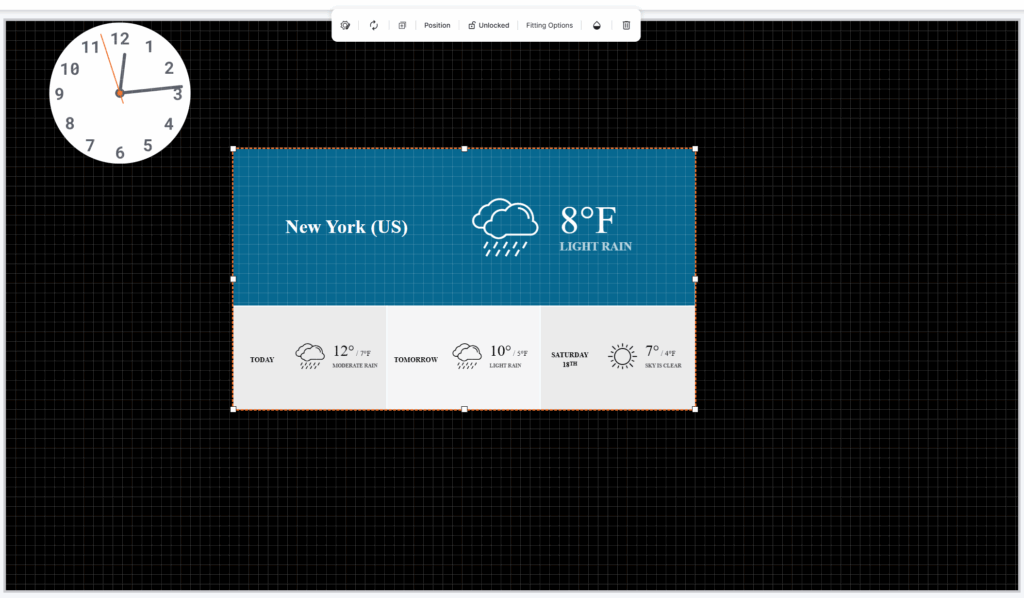 Yodeck Layout Editor canvas with a weather widget and clock element added, demonstrating interactive digital signage design with live content components.