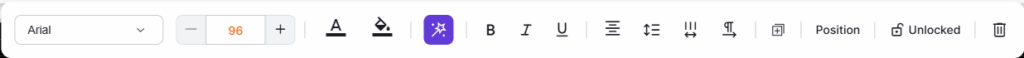 Text editing toolbar in Yodeck Layout Editor providing font selection, size, alignment, and position controls for customizing on-screen digital signage text.