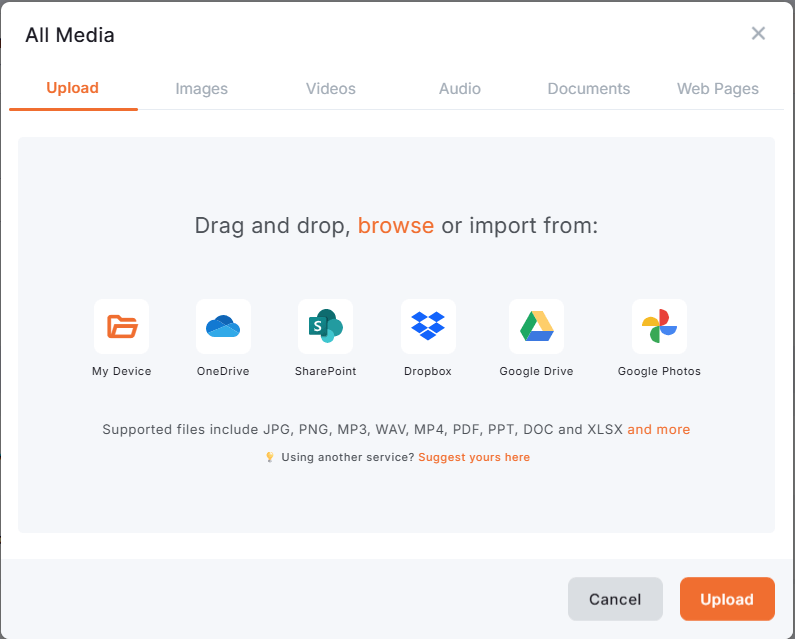 Yodeck Media Library upload window showing options to drag, browse, or import media from My Device, OneDrive, SharePoint, Dropbox, Google Drive, or Google Photos.