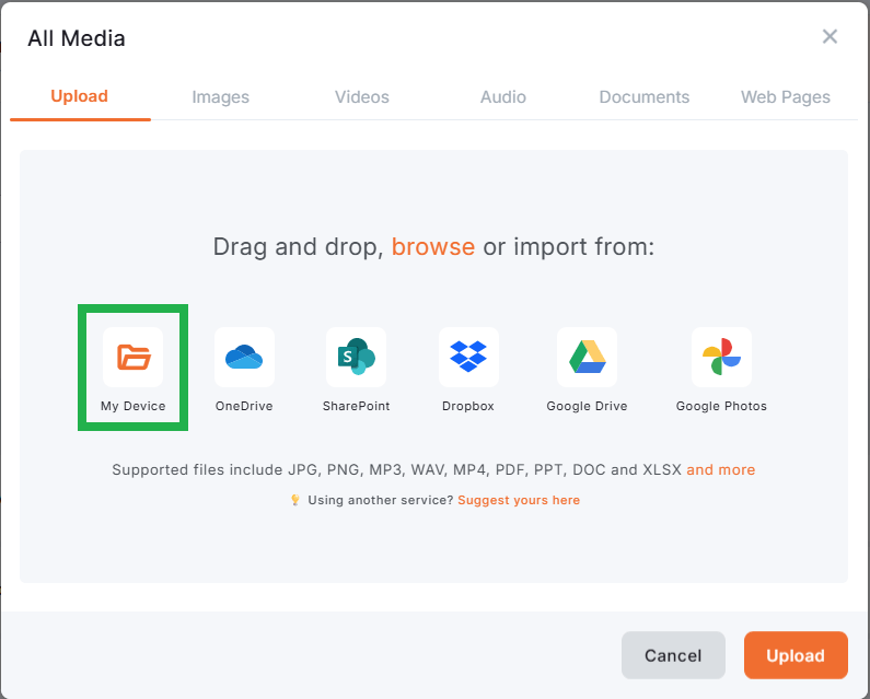 Yodeck Media Library upload dialog highlighting the ‘My Device’ option for uploading files directly from a computer.