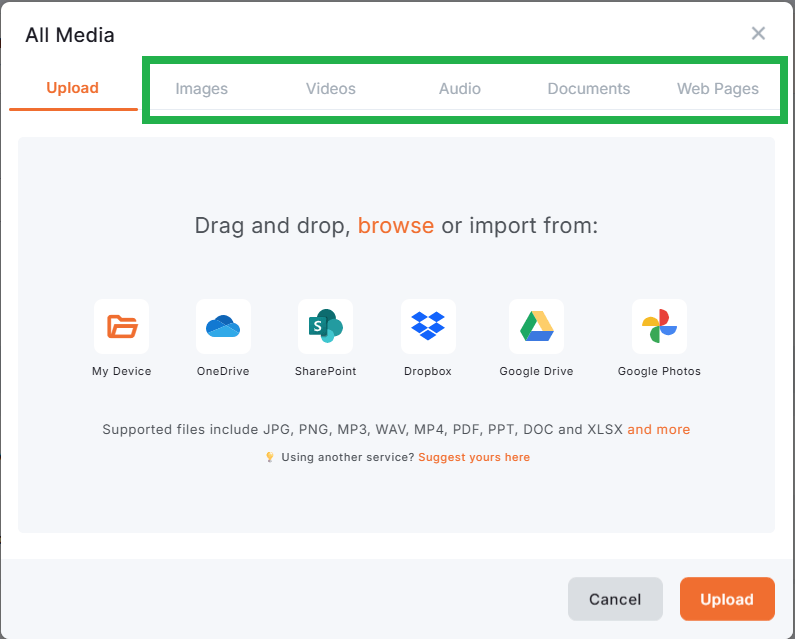 Yodeck Media Library upload window with top navigation tabs highlighted, including Images, Videos, Audio, Documents, and Web Pages.