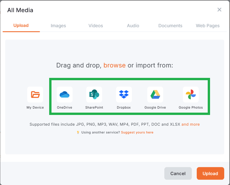 Yodeck Media Library upload dialog highlighting cloud import sources: OneDrive, SharePoint, Dropbox, Google Drive, and Google Photos.