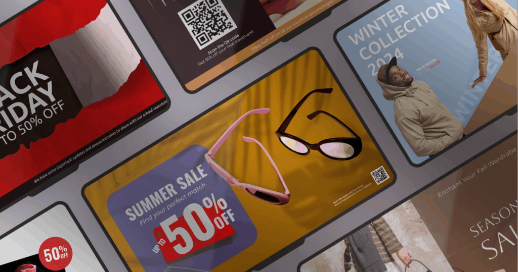 digital posters displaying seasonal sales such as Black Friday, Summer Sale, and Winter Collection offers.