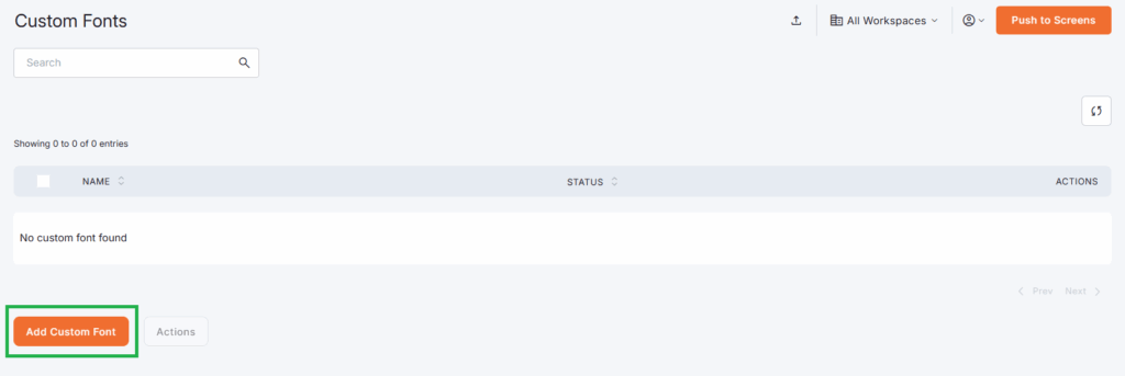 Custom Fonts list inside the user's Yodeck account.