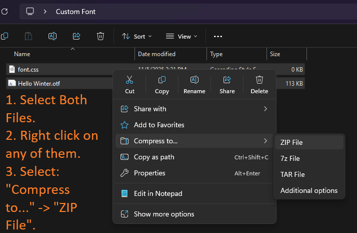 View of a folder in Windows where two files (a '.css' and a '.otf') are selected to be zipped before they become uploaded as a custom font on the Yodeck platform.