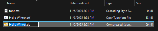 View of a folder in Windows where two files (a '.css' and a '.otf') are zipped and can now be uploaded as a custom font on the Yodeck platform.